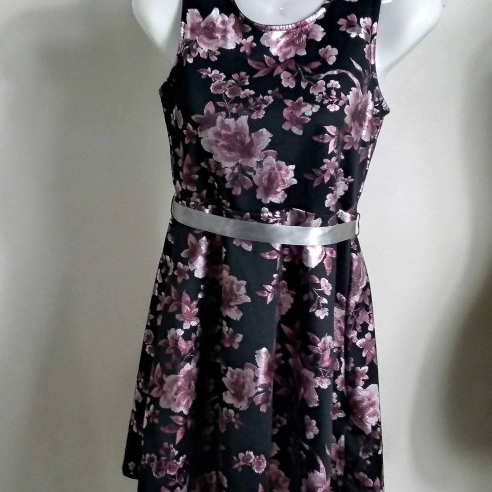 Speechless Kids Girls Black & Mauve Metalic Floral Fit & Flare Dress NWT Sz 14